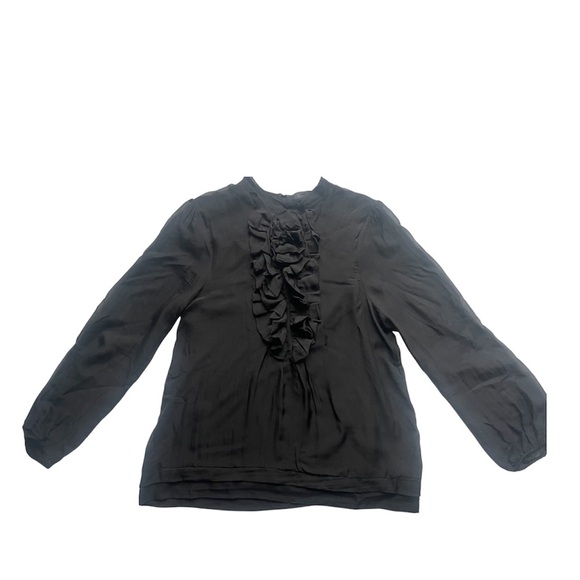 sandra  angelozzi Black Silk Ruffle Blouse Large Sheer Long Sleeve Feminine Top - Picture 2 of 7